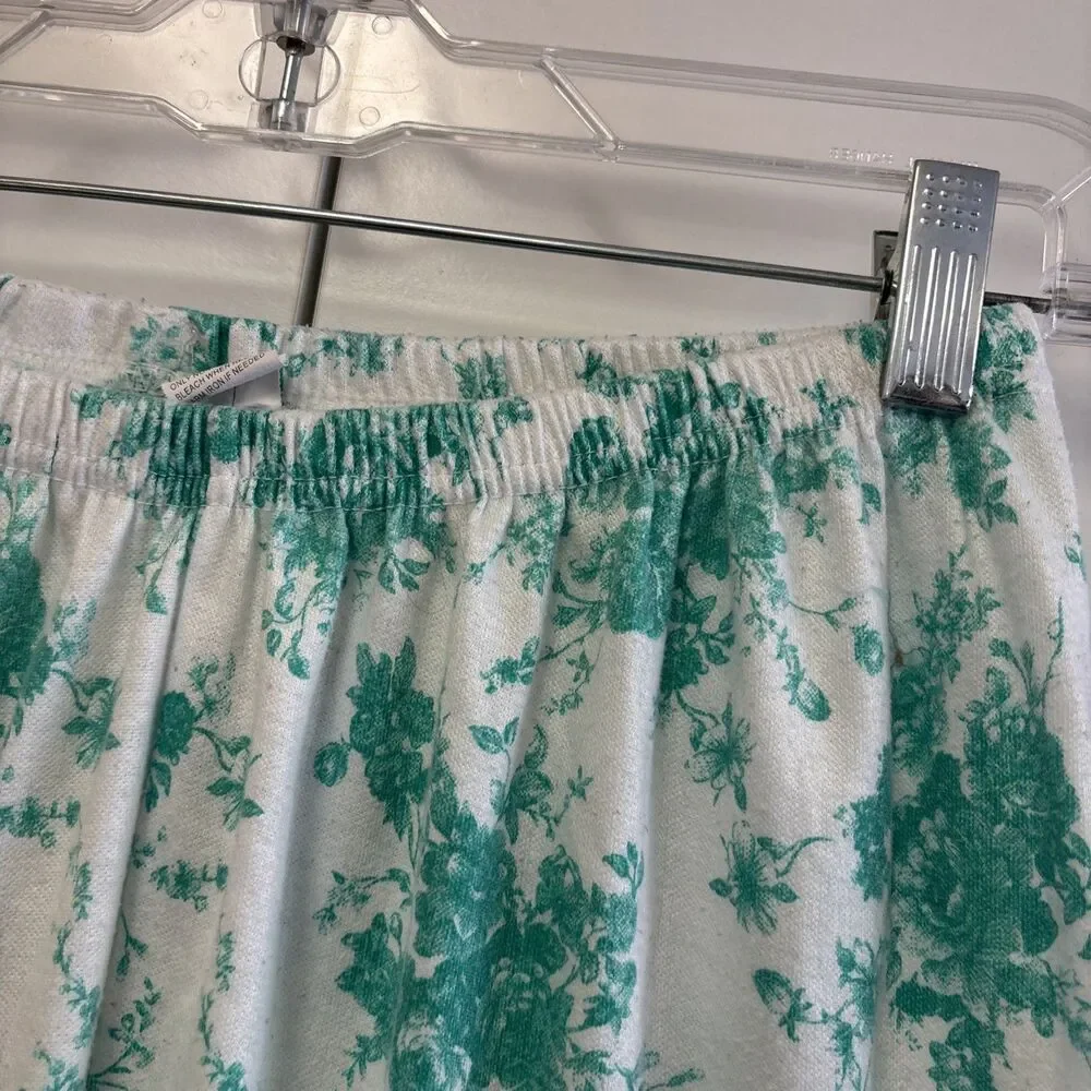 Women Floral Lounge Pajama Pants L Green White Elastic Waist Cotton Blend
